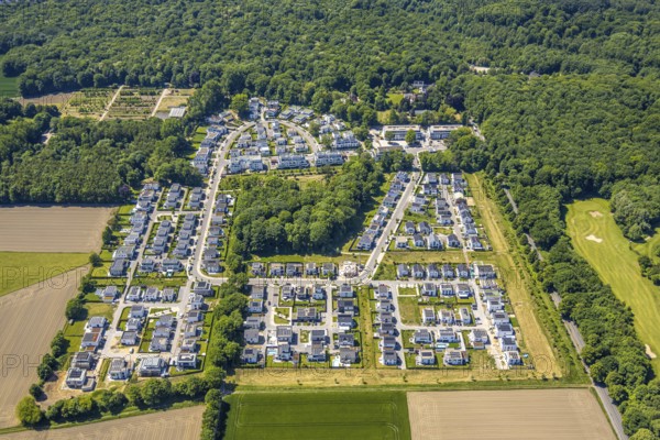 Aerial view, new development area Am Buerschen Waldbogen, Zur Marienkapelle, semi-circular housing estate, Resse, Gelsenkirchen, Ruhr area, North Rhine-Westphalia, Germany