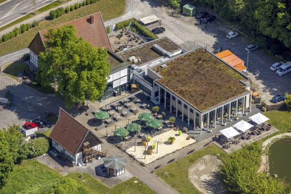 Aerial view, Altes Fährhaus gastronomy, half-timbered house and outdoor catering with parasols, Uentrop, Hamm, Ruhr area, North Rhine-Westphalia, Germany
