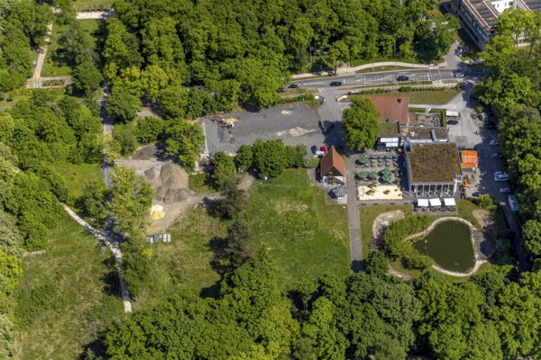 Aerial view, Altes Fährhaus gastronomy, half-timbered house and outdoor catering with parasols, Uentrop, Hamm, Ruhr area, North Rhine-Westphalia, Germany