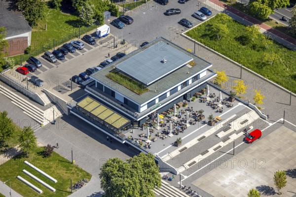 Aerial view, R-Cafe on Adenauerallee, Datteln-Hamm Canal, green roof, Hamm, Ruhr area, North Rhine-Westphalia, Germany