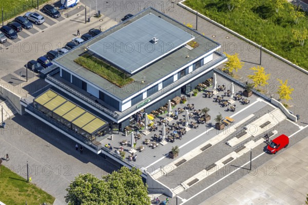Aerial view, R-Cafe on Adenauerallee, Datteln-Hamm Canal, green roof, Hamm, Ruhr area, North Rhine-Westphalia, Germany