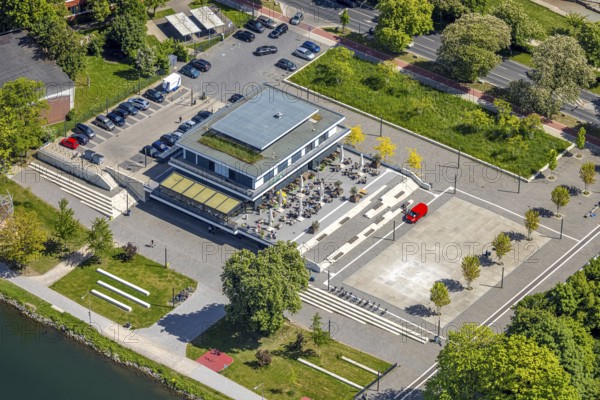 Aerial view, R-Cafe on Adenauerallee, Datteln-Hamm Canal, green roof, Hamm, Ruhr area, North Rhine-Westphalia, Germany