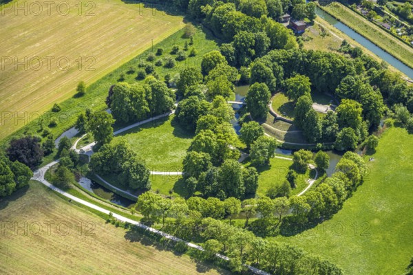 Aerial view, Marker Burghügel, Burg Mark, landmark with moat, Uentrop, Hamm, Ruhr area, North Rhine-Westphalia, Germany