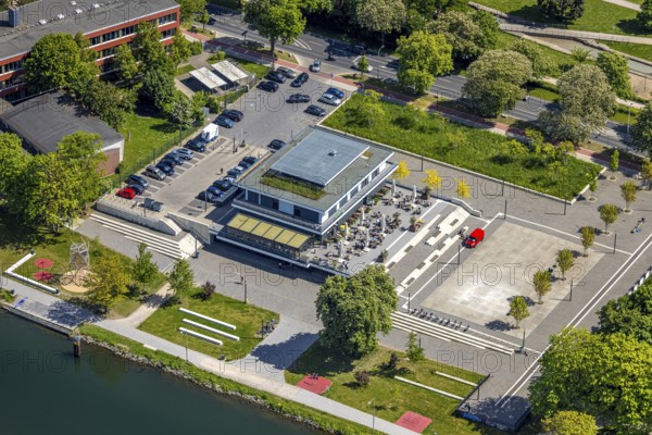 Aerial view, R-Cafe on Adenauerallee, Datteln-Hamm Canal, green roof, Hamm, Ruhr area, North Rhine-Westphalia, Germany
