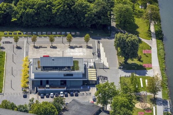 Aerial view, R-Cafe on Adenauerallee, Datteln-Hamm Canal, green roof, Hamm, Ruhr area, North Rhine-Westphalia, Germany