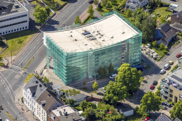 Aerial view, renovation of the municipal music school, construction site with scaffolding and cladding, centre, Hamm, Ruhr area, North Rhine-Westphalia, Germany