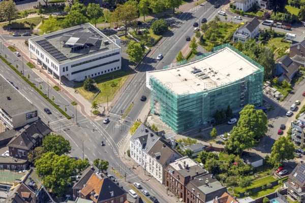 Aerial view, renovation of the municipal music school, construction site with scaffolding and cladding, centre, Hamm, Ruhr area, North Rhine-Westphalia, Germany