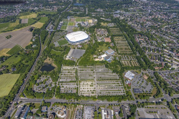 Aerial view, Berger Feld, Schalke Arena Park with Veltins Arena football stadium, Erle, Gelsenkirchen, Ruhr area, North Rhine-Westphalia, Germany