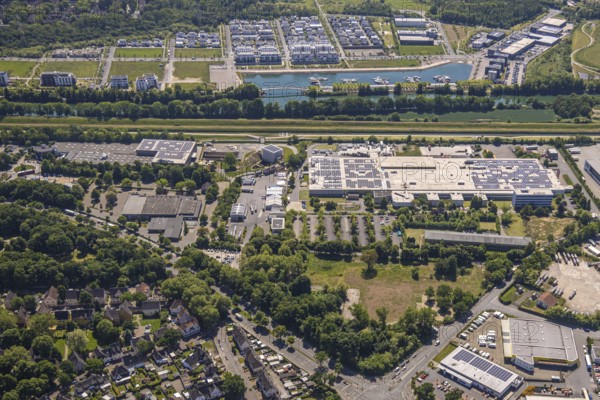 Aerial view, former GAFÖG site Emscherstrasse 66, Bleistahl automotive supplier plant Gelsenkirchen, above Stadtquartier Graf Bismarck, Johannes-Rau-Allee, residential complex and Stölting Marina marina on the Rhine-Herne Canal, Erle, Gelsenkirchen, Ruhr area, North Rhine-Westphalia, Germany