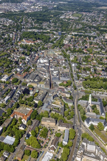 Aerial view, City centre Gelsenkirchen-Buer Hochstraße with cathedral catholic provost church St. Urbanus, Buer, Gelsenkirchen, Ruhr area, North Rhine-Westphalia, Germany