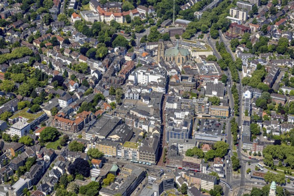 Aerial view, City centre Gelsenkirchen-Buer Hochstraße with cathedral catholic provost church St. Urbanus, Buer, Gelsenkirchen, Ruhr area, North Rhine-Westphalia, Germany