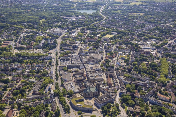 Aerial view, City centre Gelsenkirchen-Buer Hochstraße with cathedral catholic provost church St. Urbanus, Buer, Gelsenkirchen, Ruhr area, North Rhine-Westphalia, Germany