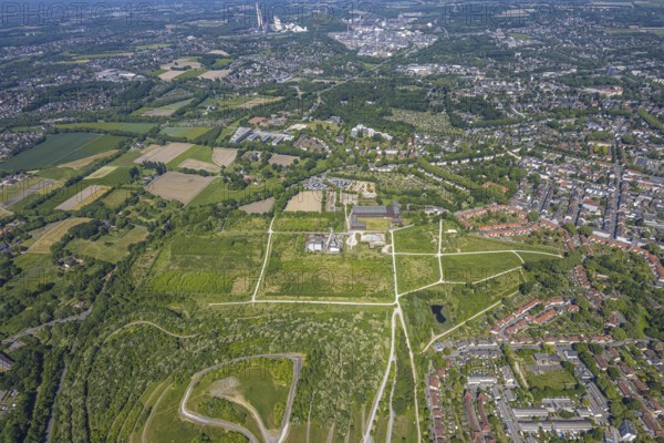 Aerial view, Hugo/Consol Consolidation colliery with winding tower, Devesestraße, commercial and cultural use, Buer, Gelsenkirchen, Ruhr area, North Rhine-Westphalia, Germany