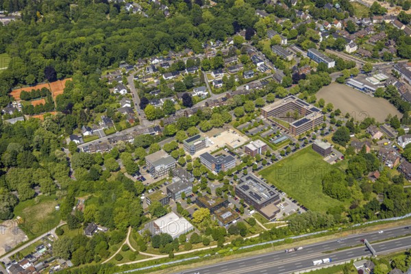 Aerial view, Schloss Berge office park with Gelsenkirchen tax office, Ludwig-Erhard-Straße industrial estate, Erle, Gelsenkirchen, Ruhr area, North Rhine-Westphalia, Germany
