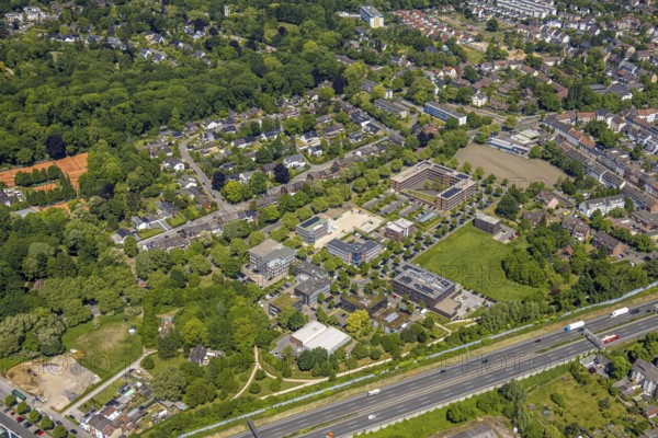 Aerial view, Schloss Berge office park with Gelsenkirchen tax office, Ludwig-Erhard-Straße industrial estate, Erle, Gelsenkirchen, Ruhr area, North Rhine-Westphalia, Germany
