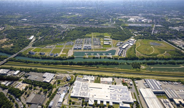 Aerial view, Graf Bismarck Johannes-Rau-Allee neighbourhood, residential complex and Stölting Marina marina on the Rhine-Herne Canal, Bismarck, Gelsenkirchen, Ruhr area, North Rhine-Westphalia, Germany