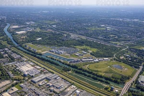 Aerial view, Graf Bismarck Johannes-Rau-Allee neighbourhood, residential complex and Stölting Marina marina on the Rhine-Herne Canal, Bismarck, Gelsenkirchen, Ruhr area, North Rhine-Westphalia, Germany