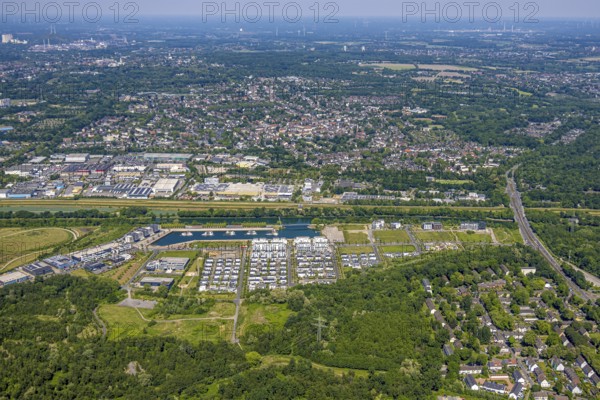 Aerial view, Graf Bismarck Johannes-Rau-Allee urban quarter, residential complex and Stölting Marina marina on the Rhine-Herne Canal, Emscherstrasse industrial estate, Bismarck, Gelsenkirchen, Ruhr area, North Rhine-Westphalia, Germany