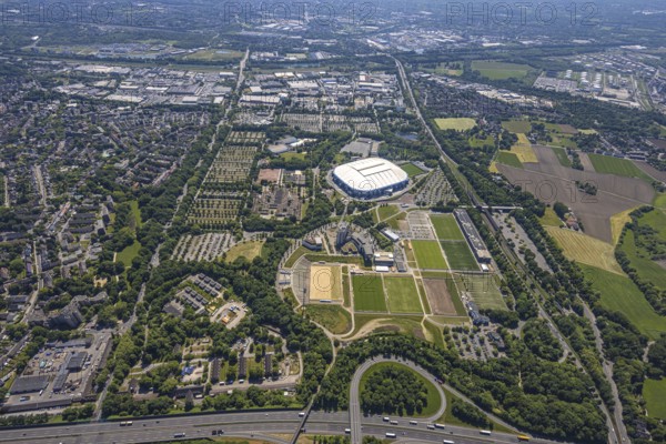 Aerial view, Berger Feld, Schalke Arena Park with Veltins Arena football stadium, Erle, Gelsenkirchen, Ruhr area, North Rhine-Westphalia, Germany