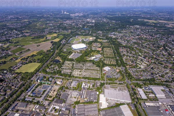 Aerial view, Berger Feld, Schalke Arena Park with Veltins Arena football stadium, Berger Lake in the background, Erle, Gelsenkirchen, Ruhr area, North Rhine-Westphalia, Germany