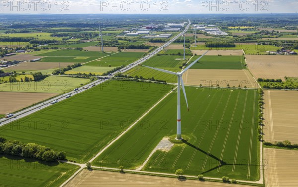 Aerial view, Hellweg and wind turbines in a field on the A2 motorway, Rhynern district, Hamm, Ruhr area, North Rhine-Westphalia, Germany