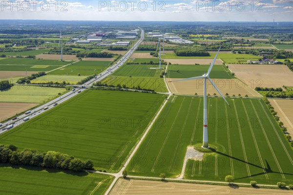 Aerial view, Hellweg and wind turbines in a field on the A2 motorway, Rhynern district, Hamm, Ruhr area, North Rhine-Westphalia, Germany
