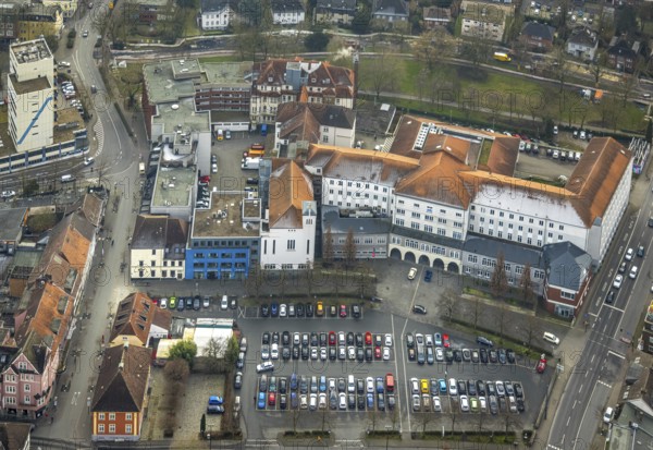 Aerial view, Johanniter-Kliniken Hamm general hospital, Santa-Monica-Platz car park Königstraße car park and residential buildings, centre, Hamm, Ruhr area, North Rhine-Westphalia, Germany