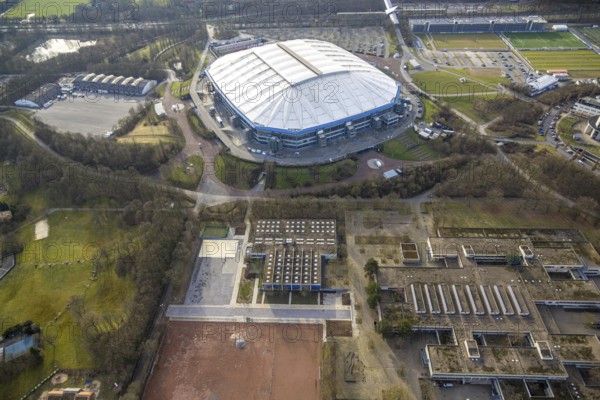 Aerial view, Berger Feld comprehensive school at the Bundesliga stadium Veltins-Arena of FC Schalke 04, also known as Arena AufSchalke football stadium, Erle, Gelsenkirchen, Ruhr area, North Rhine-Westphalia, Germany