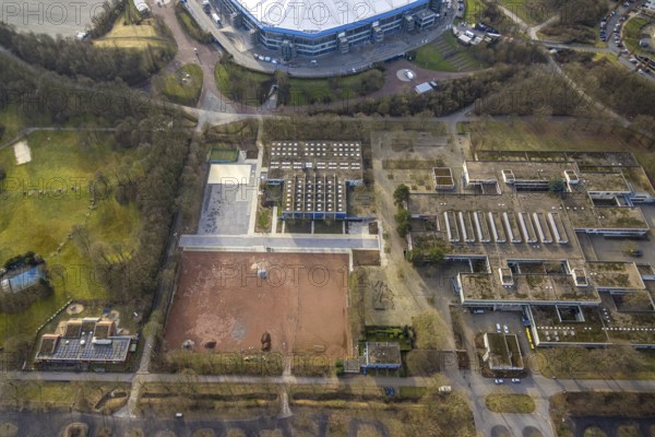 Aerial view, Berger Feld comprehensive school at the Bundesliga stadium Veltins-Arena of FC Schalke 04, also known as Arena AufSchalke football stadium, Erle, Gelsenkirchen, Ruhr area, North Rhine-Westphalia, Germany