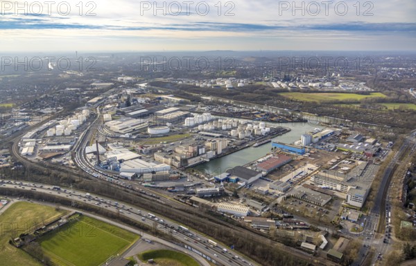 Aerial view, city harbour and Rhine-Herne Canal, goods train connection, behind BP Ruhr oil, below traffic jam on the A42 motorway, Schalke-Nord, Gelsenkirchen, Ruhr area, North Rhine-Westphalia, Germany