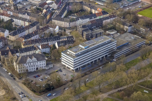Aerial view, vocational college for technology and design, educational institution, Gelsenkirchen music school, Rolandstraße classroom building, Overhofstraße apartment blocks, Schalke, Gelsenkirchen, Ruhr area, North Rhine-Westphalia, Germany