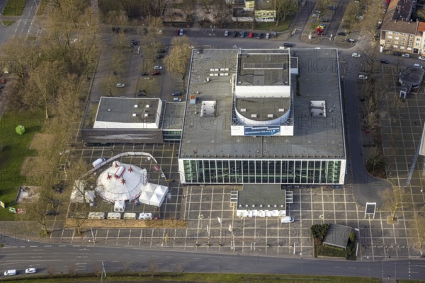 Aerial view, music theatre circus tent on Willi-Müller-Platz, Schalke, Gelsenkirchen, Ruhr area, North Rhine-Westphalia, Germany