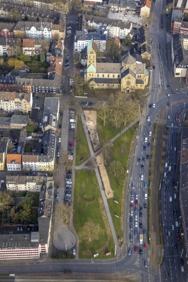 Aerial view, Georgswiese Ecological Park and St George's Roman Catholic Church, Schalke, Gelsenkirchen, Ruhr area, North Rhine-Westphalia, Germany