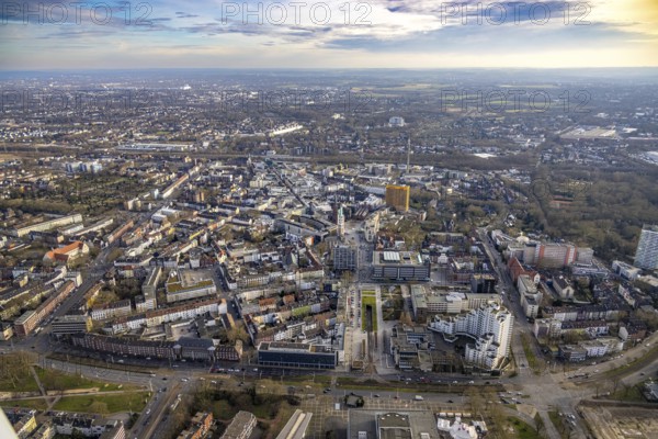 Aerial view, city centre view with Heinrich-König-Platz, Ebertstraße with tram subway, CityHochhaus, and Bahnhofstraße, catholic Propsteikirche St. Augustinus and evang. Emmaus Altstadtkirche, yellow high-rise Hamburg-Mannheimer Jobcenter Agentur für Arbeit, Altstadt, Gelsenkirchen, Ruhr Area, North Rhine-Westphalia, Germany