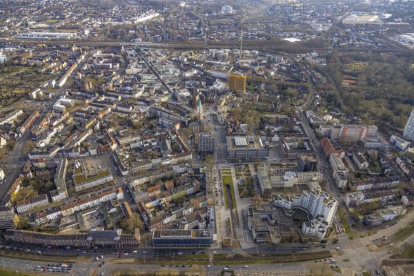 Aerial view, city centre view with Heinrich-König-Platz, Ebertstraße with tram subway, CityHochhaus, and Bahnhofstraße, catholic Propsteikirche St. Augustinus and evang. Emmaus Altstadtkirche, yellow high-rise Hamburg-Mannheimer Jobcenter Agentur für Arbeit, Altstadt, Gelsenkirchen, Ruhr Area, North Rhine-Westphalia, Germany