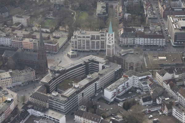 Aerial view, city centre view with Heinrich-König-Platz, Ebertstraße and Bahnhofstraße, St. Augustinus Catholic Church and Emmaus Evangelical Church, Old Town, Gelsenkirchen, Ruhr area, North Rhine-Westphalia, Germany
