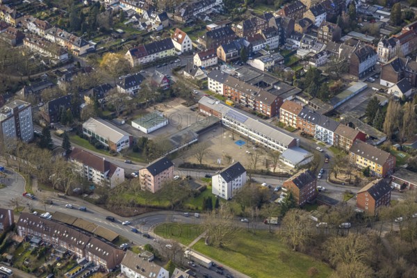 Aerial view, Maltese school with schoolyard, residential area apartment blocks, Neustadt, Gelsenkirchen, Ruhr area, North Rhine-Westphalia, Germany