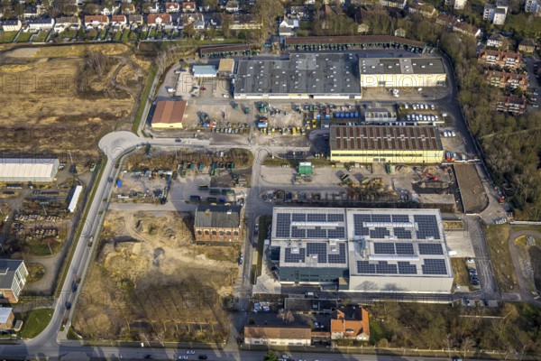 Aerial view, industrial estate Bergmannsglückstraße, site of the former Bergmannsglück colliery on Gartenstadt Körnerstraße, Hassel, Gelsenkirchen, Ruhr area, North Rhine-Westphalia, Germany