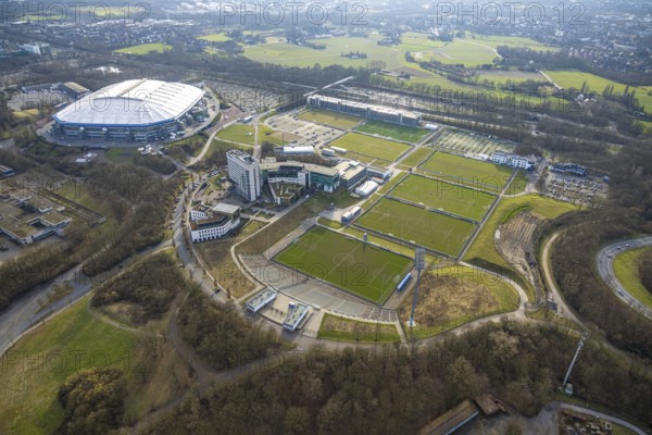Aerial view, Bundesliga stadium Veltins-Arena of FC Schalke 04, also Arena AufSchalke football stadium, Berger Feld with training pitches and hotel facilities, Erle, Gelsenkirchen, Ruhr area, North Rhine-Westphalia, Germany