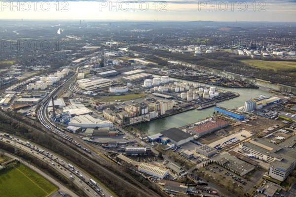 Aerial view, city harbour and Rhine-Herne Canal, goods train connection, behind BP Ruhr oil, below traffic jam on the A42 motorway, Schalke-Nord, Gelsenkirchen, Ruhr area, North Rhine-Westphalia, Germany