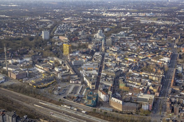 Aerial view, city centre view with Heinrich-König-Platz, Ebertstraße and Bahnhofstraße, St. Augustinus Catholic Church and Emmaus Protestant Church, yellow high-rise building Hamburg-Mannheimer Jobcenter, CityHochhaus and Musiktheater, behind it the city harbour, old town, Gelsenkirchen, Ruhr area, North Rhine-Westphalia, Germany