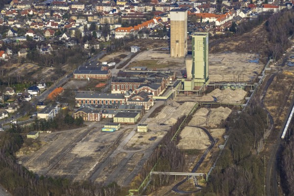 Aerial view, former DSK Lippe Westerholt mine, new neighbourhood for climate-friendly working and living, Egonstraße, on the city limits of Gelsenkirchen, surrounded by autumnal deciduous trees, Hassel, Gelsenkirchen, Ruhr area, North Rhine-Westphalia, Germany
