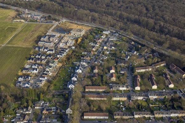 Aerial view, construction site and new housing estate WohnSiedlung Am Glückauf Park Hassel - Park des Wandels, Hassel, Gelsenkirchen, Ruhr area, North Rhine-Westphalia, Germany