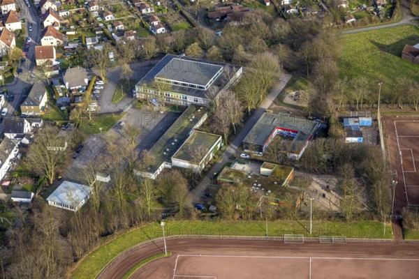 Aerial view, Hauptschule an der Mehringstraße and Kurt Schumacher Haus, municipal day care centre for children at the Baulandstraße sports facility football stadium, sports club DJK SG Borussia Scholven 1928 e.V. and JFC Borussia Scholven 1996 e.V., Scholven, Gelsenkirchen, Ruhr area, North Rhine-Westphalia, Germany