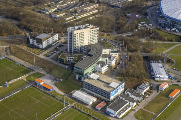 Aerial view, Berger Feld with hotel facilities, at the Bundesliga stadium Veltins-Arena of FC Schalke 04, also Arena AufSchalke football stadium, Erle, Gelsenkirchen, Ruhr area, North Rhine-Westphalia, Germany