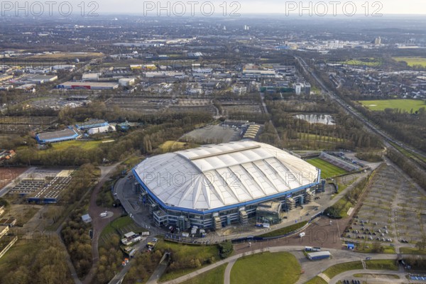 Aerial view, Bundesliga stadium Veltins-Arena of FC Schalke 04, also Arena AufSchalke football stadium, Berger Feld, Erle, Gelsenkirchen, Ruhr area, North Rhine-Westphalia, Germany
