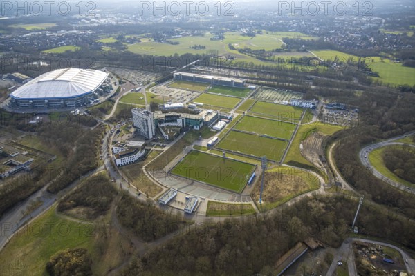 Aerial view, Bundesliga stadium Veltins-Arena of FC Schalke 04, also Arena AufSchalke football stadium, Berger Feld with training pitches and hotel facilities, Erle, Gelsenkirchen, Ruhr area, North Rhine-Westphalia, Germany