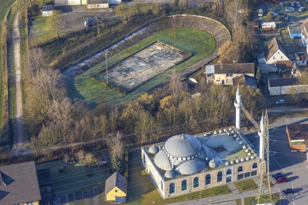 Aerial view, former Barbara Stadium SK Germania Herringen and DitiB Ulu Camii Mosque, Herringen district, Hamm, Ruhr area, North Rhine-Westphalia, Germany