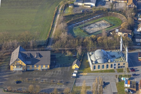 Aerial view, former Barbara Stadium SK Germania Herringen, DitiB Ulu Camii Mosque, Baptist Church - parish hall of the Evangelical Christians Baptists, Herringen district, Hamm, Ruhr area, North Rhine-Westphalia, Germany