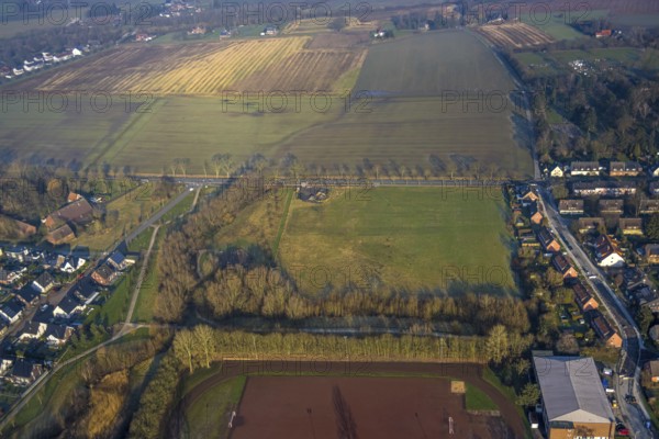 Aerial view, potential construction area south and north of Horster Straße, meadows and fields of Barsener Straße and Lipperandstraße, Bockum-Hövel, Hamm, Ruhr area, North Rhine-Westphalia, Germany
